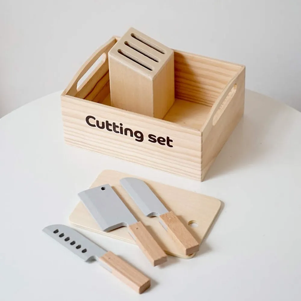 StitchesandTweed Wooden Play Tools for Kids Kitchen, Food Cutting Knives Toy Set