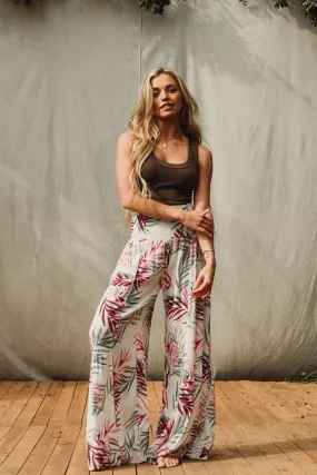 TIE WAIST TIERED WIDE LEG PANT - Natural / Mauve